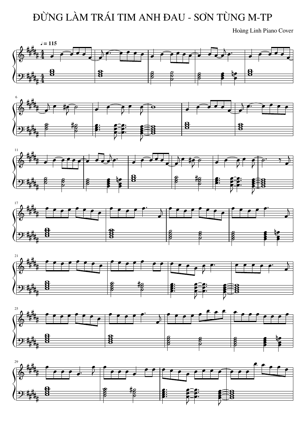 Ảnh bìa sheet piano ĐỪNG LÀM TRÁI TIM ANH ĐAU
